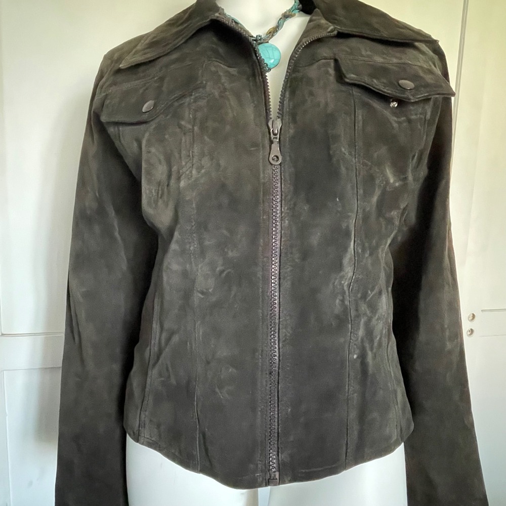 Express Bleus Womens Dark Olive Suede Leather Zip Up Trucker Jacket Size M Y2K